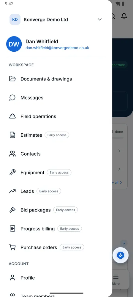 Finance & invoices: Workspace menu screen