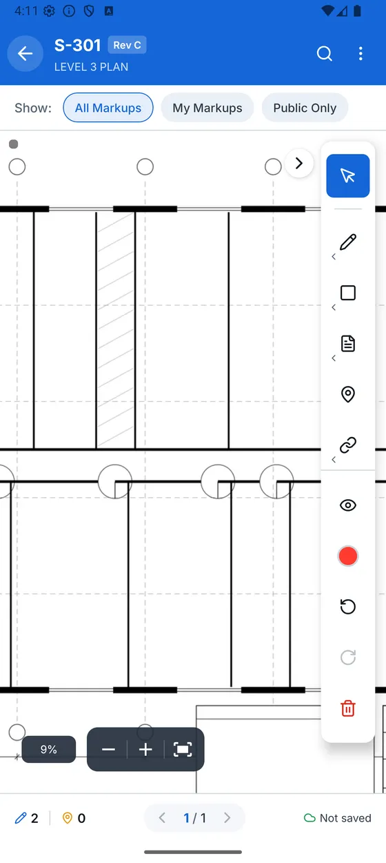 A plan in the Konverge tiled drawing viewer with the markup toolbar and a pin
