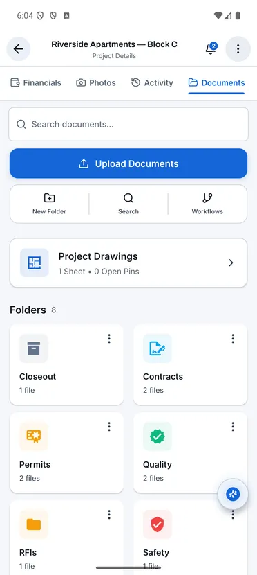 Documents & drawings: Documents screen