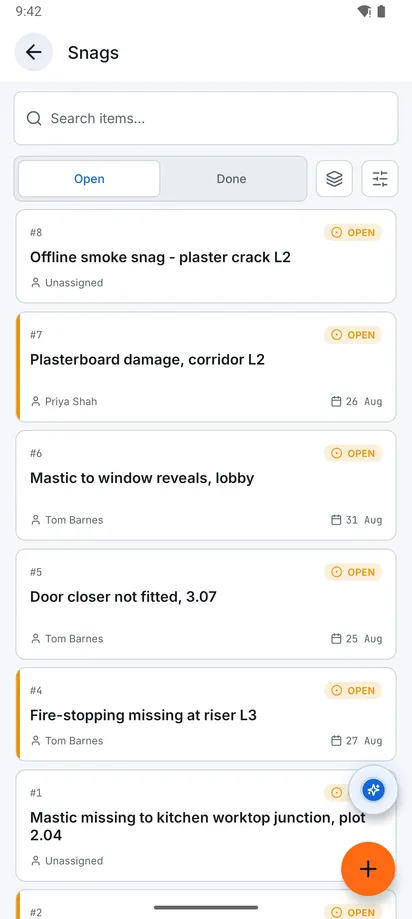 Snag list screen in Konverge