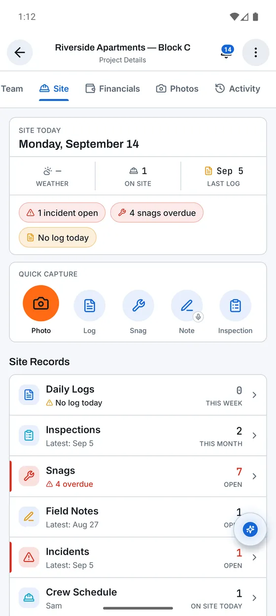 Site hub screen in Konverge