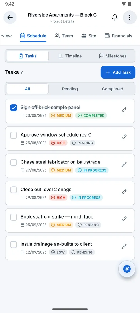 Projects: Tasks screen